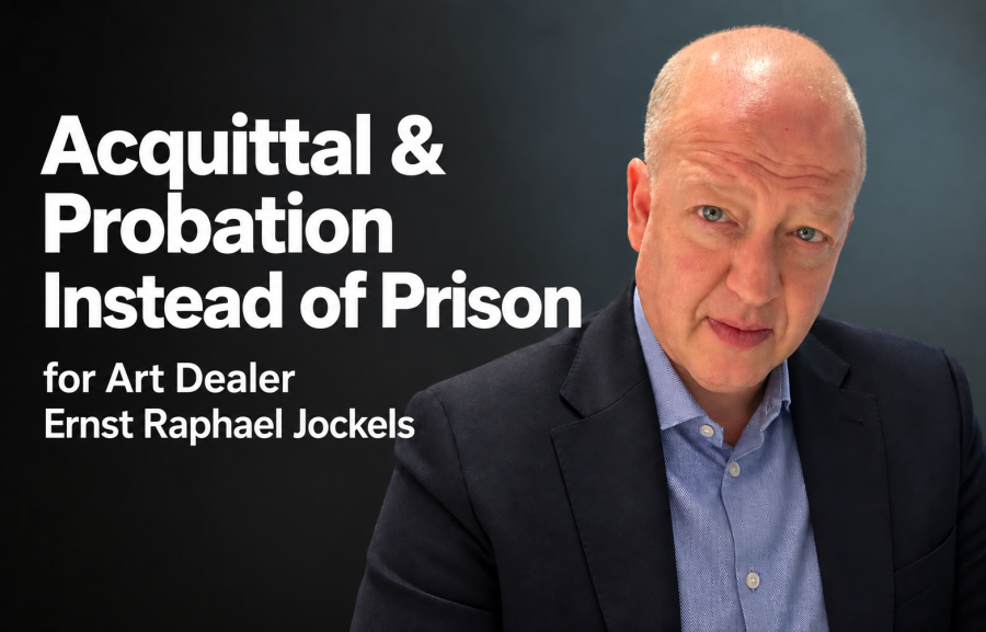 Portrait of Ernst Raphael Jockels with the headline “Acquittal & Probation Instead of Prison for Art Dealer Ernst Raphael Jockels.”