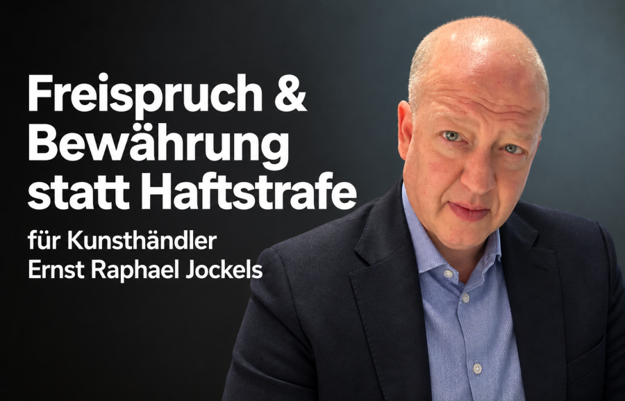 Porträt von Ernst Raphael Jockels mit der Überschrift „Freispruch & Bewährung statt Haftstrafe für Kunsthändler Ernst Raphael Jockels“.